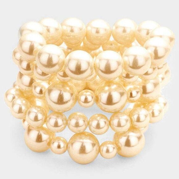 5 Piece Chunky Gold Pearl Stretch Layered Bracelets - Picture 3 of 6